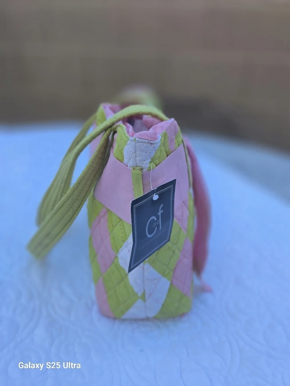 C&F Home Argyle Prepster Tote – Quilted Pink & Lime Bow Bag